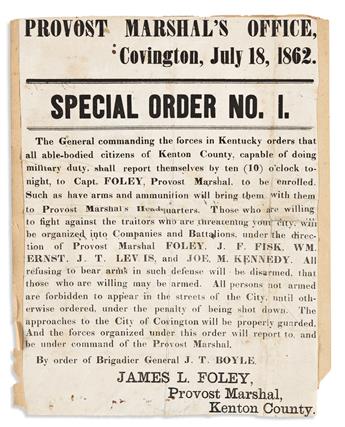 (CIVIL WAR--KENTUCKY.) Broadside proclaiming martial law in Covington in response to Morgans Raid.